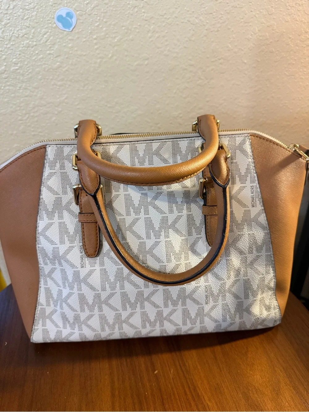 Michael Kors White and Brown Signature Logo Satchel with Gold Hardware